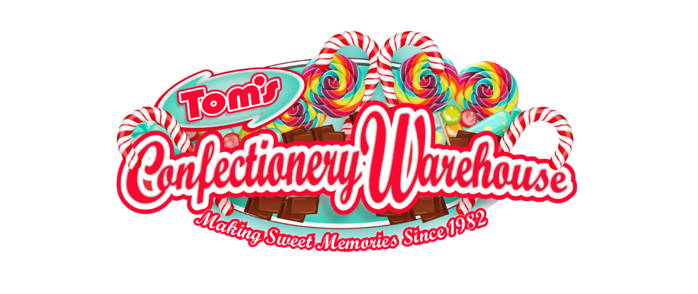 Tom's Confectionery Warehouse logo with colorful candies and chocolate, slogan 'Making Sweet Memories Since 1982'