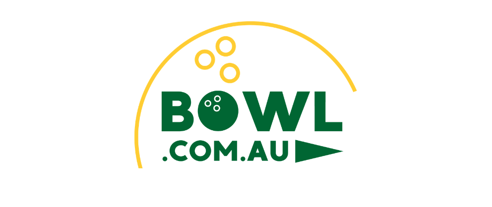 BOWL.com.au logo with green text, a bowling ball in place of the 'O', an orange arc above, and small yellow bowling pins against a black background