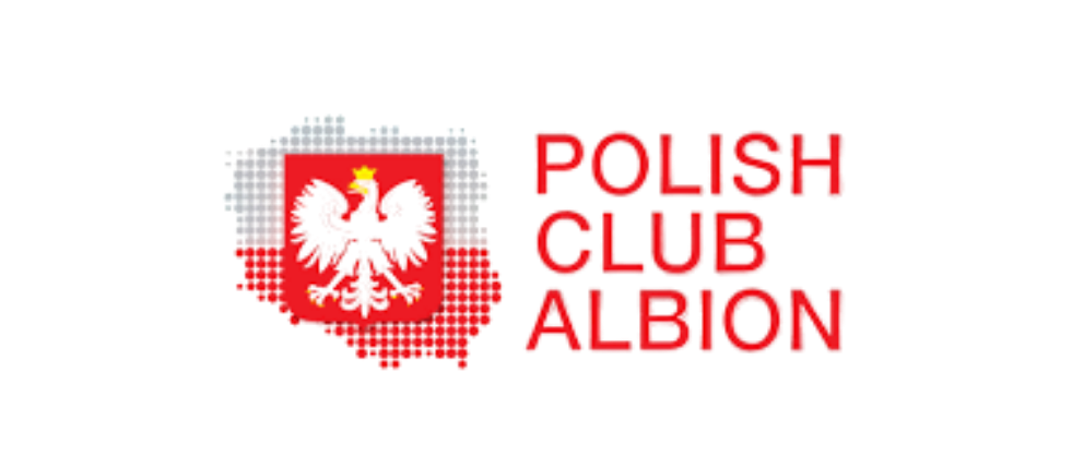 Polish Club Albion logo with a red shield featuring a black eagle and bold red text Polish Club Albion