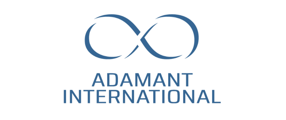 Adamant International logo with two intertwined blue loops above the company name in blue text.