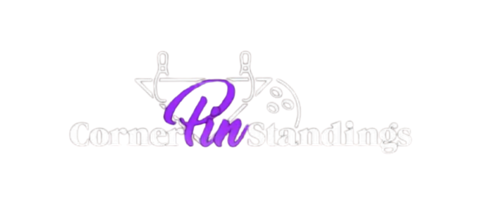 CornerPinStandings logo: white text with a purple cursive 'P' over a simple bowling-pin rack illustration on a black background