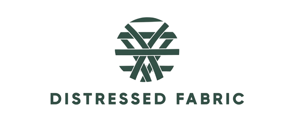 Logo for Distressed Fabric: a circular green woven emblem above the text 'DISTRESSED FABRIC'.